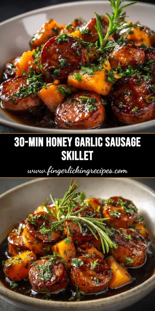 Honey Garlic Sausage and Sweet Potato: The Perfect One-Pan Dinner 4 A top-down view of a delicious honey garlic sausage and sweet potato sheet pan dinner, garnished with fresh herbs. The perfect one-pan meal.
