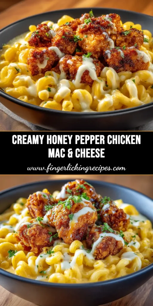 A large bowl of creamy honey pepper chicken mac and cheese, garnished with fresh parsley. The perfect combination of sweet, spicy, and cheesy.