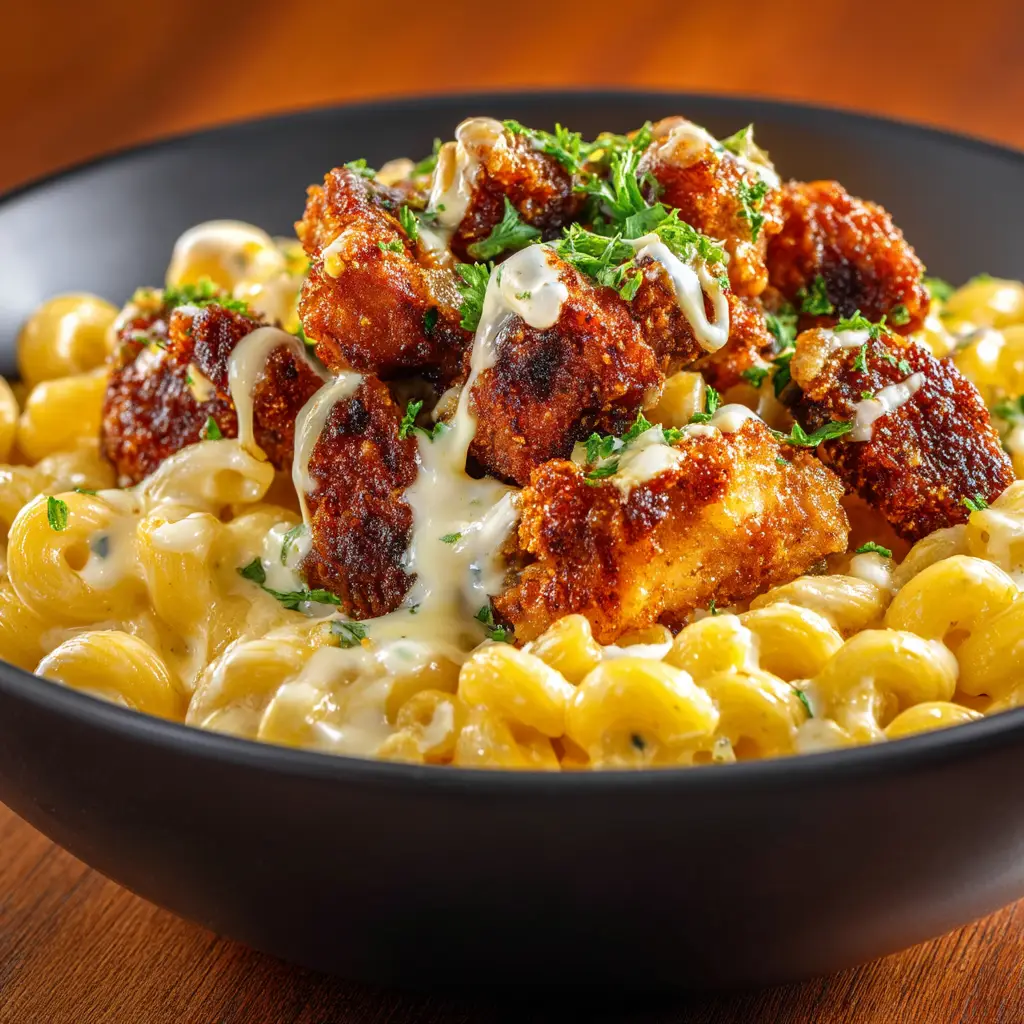 An overhead view of the ingredients for honey pepper chicken mac and cheese, including pasta, cheeses, and chicken.