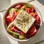 A fresh Horiatiki village salad in a rustic white bowl, highlighting the key ingredients for an authentic Greek salad recipe.