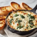 Spinach Artichoke Dip: The Ultimate Creamy & Cheesy Recipe A bowl of hot, bubbly spinach artichoke dip, showcasing its creamy texture with a tortilla chip dipped in.
