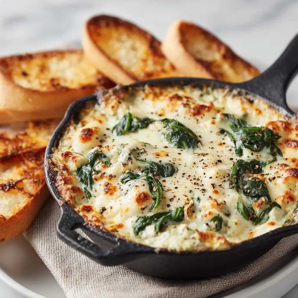 A bowl of hot, bubbly spinach artichoke dip, showcasing its creamy texture with a tortilla chip dipped in.