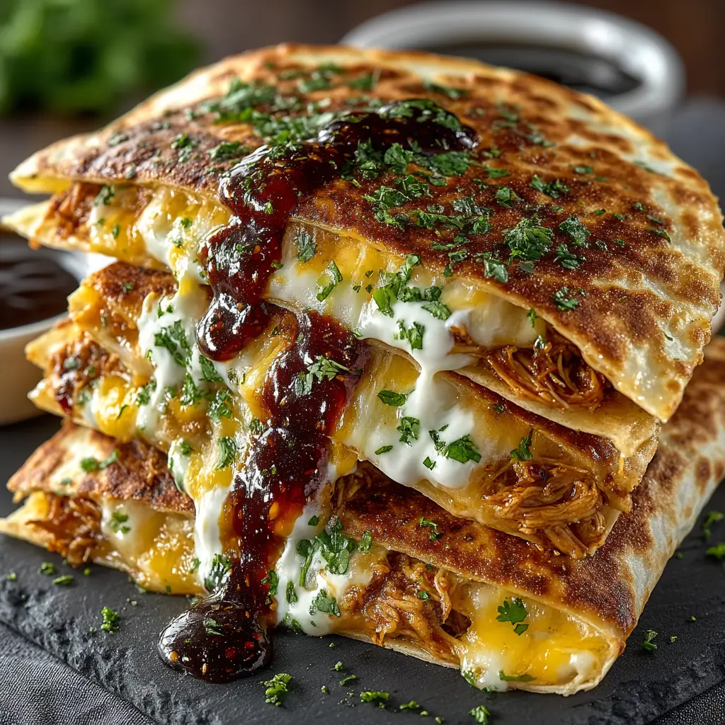 A close-up shot of the shredded chicken filling for the hot honey quesadillas, mixed with BBQ sauce, honey, and onions in a skillet.