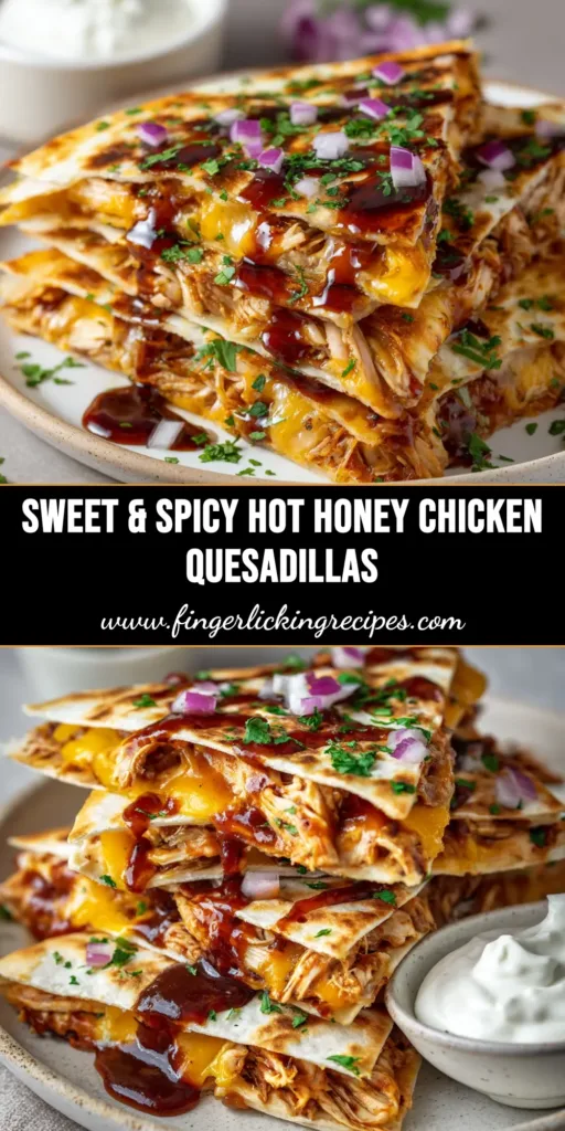 An overhead shot of Hot Honey BBQ Chicken Quesadillas cut into triangles and arranged on a platter, ready to be served. The quesadillas are golden brown and filled with chicken and cheese.