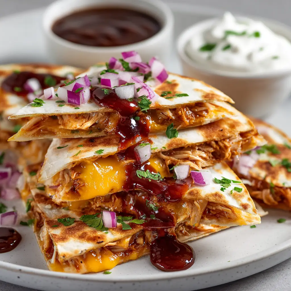 A stack of freshly made hot honey BBQ chicken quesadilla wedges, garnished with fresh cilantro and served with a side of sour cream for dipping.