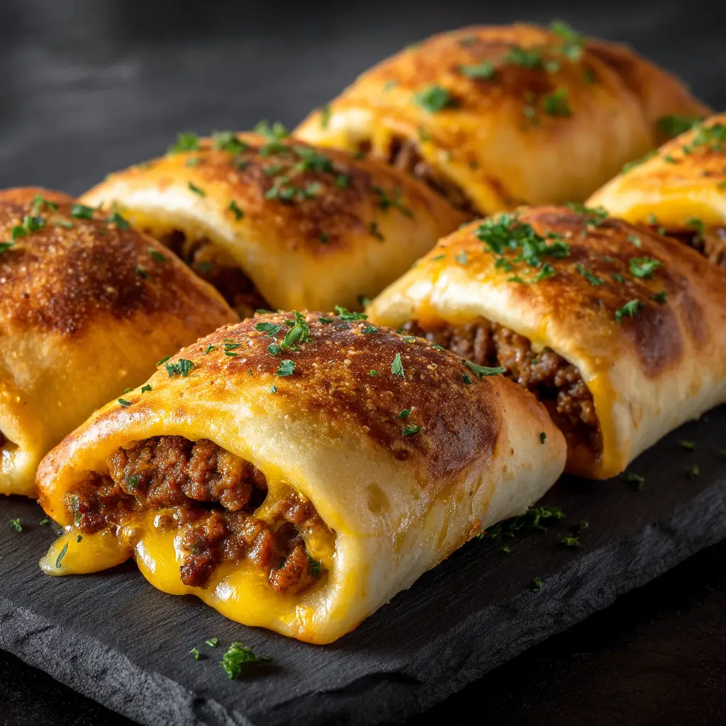 Cheeseburger Rollups (The Ultimate Easy Recipe!) 2 A ground beef roll up with melted cheddar cheese being assembled on crescent dough before baking.