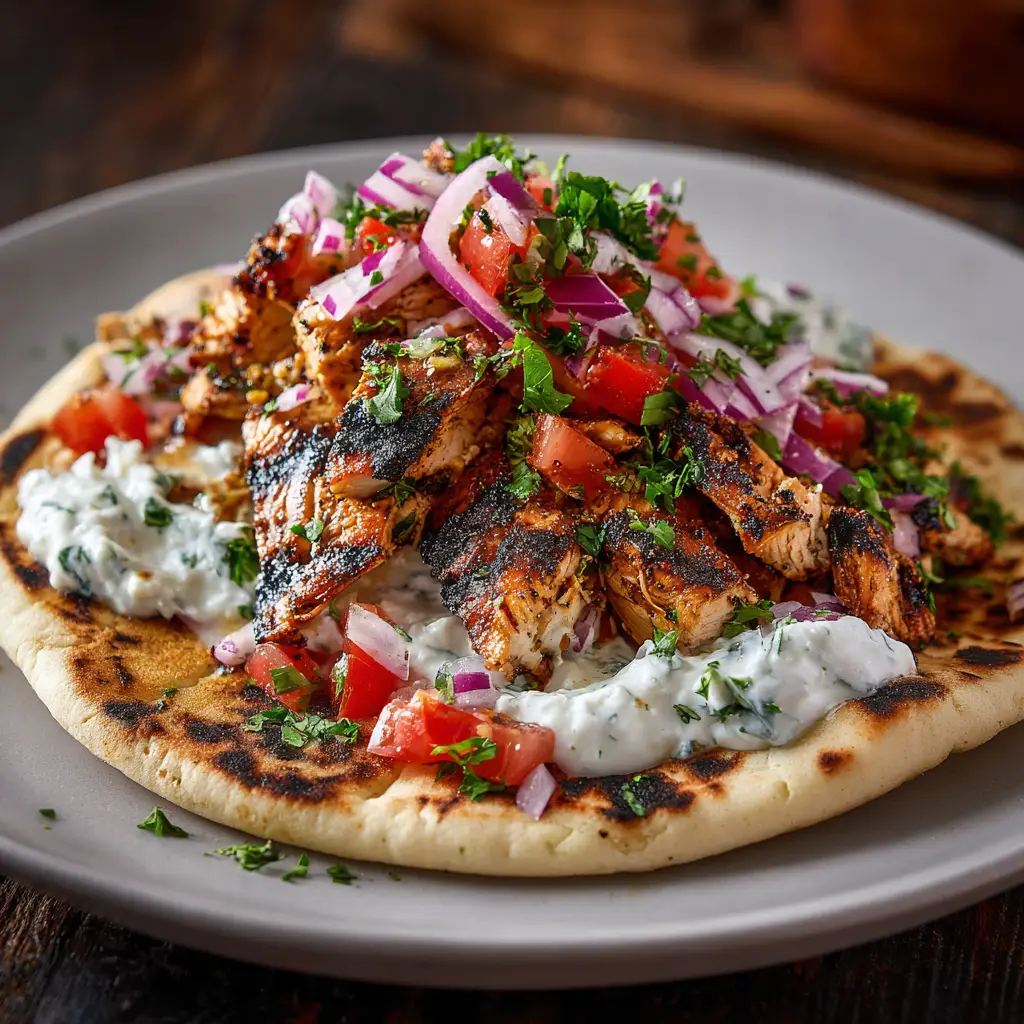 The process of assembling a Greek gyro, showing the cooked chicken and fresh toppings ready to be wrapped in a warm pita.