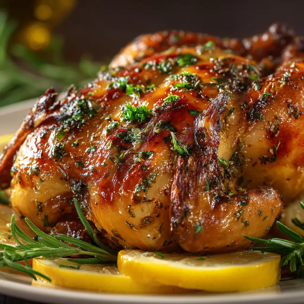 Two whole roasted Cornish hens seasoned with garlic-herb butter on a roasting rack before going into the oven.