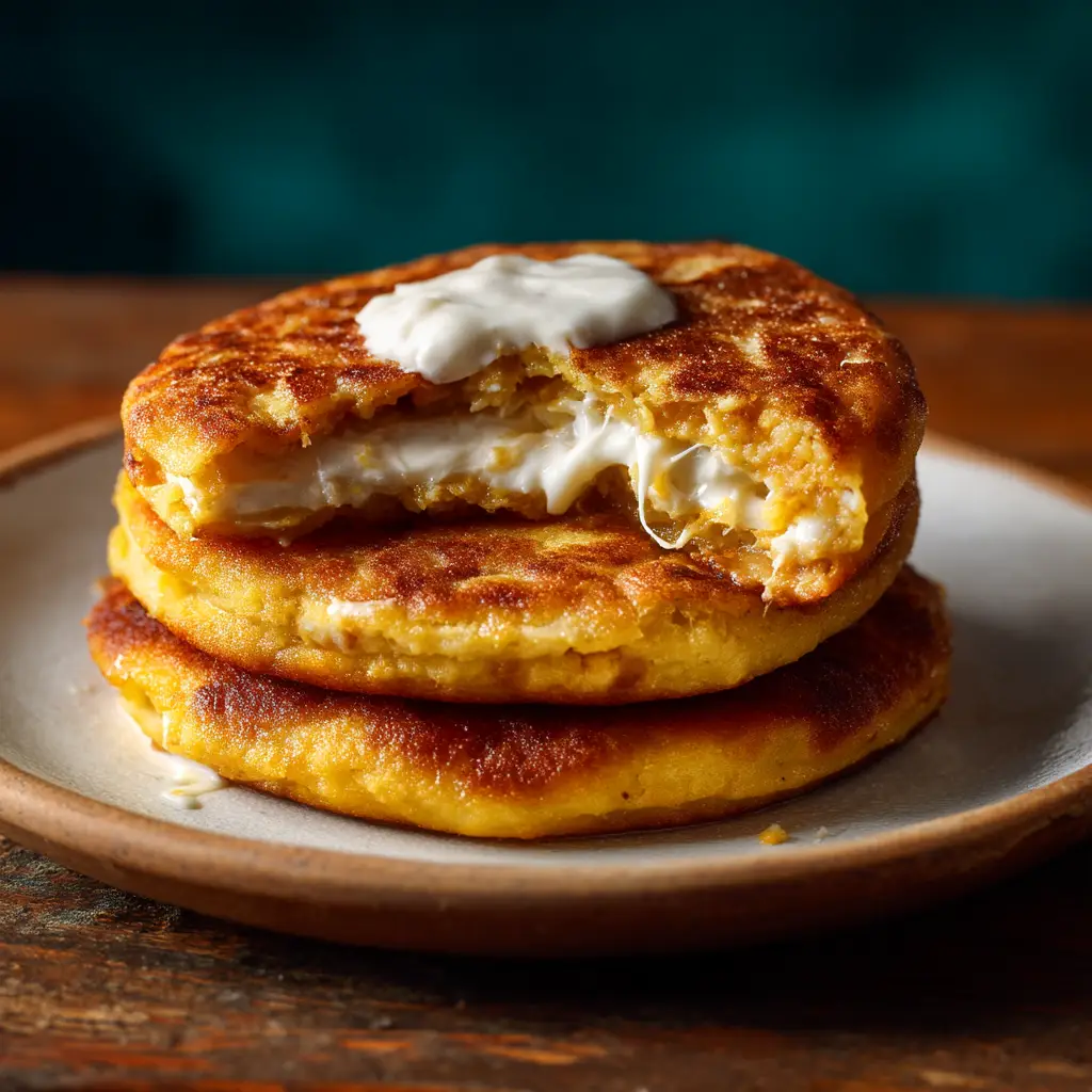 A single cachapa being folded over a generous portion of white cheese on a hot griddle, illustrating a key step in the cachapas recipe.