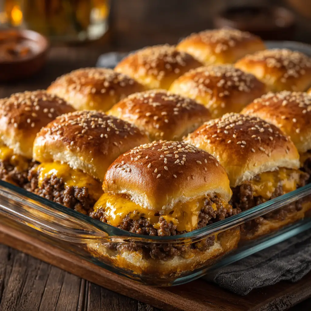 Assembling the pull-apart cheeseburger sliders, showing the layer of seasoned ground beef and cheddar cheese on the bottom half of the sweet rolls.