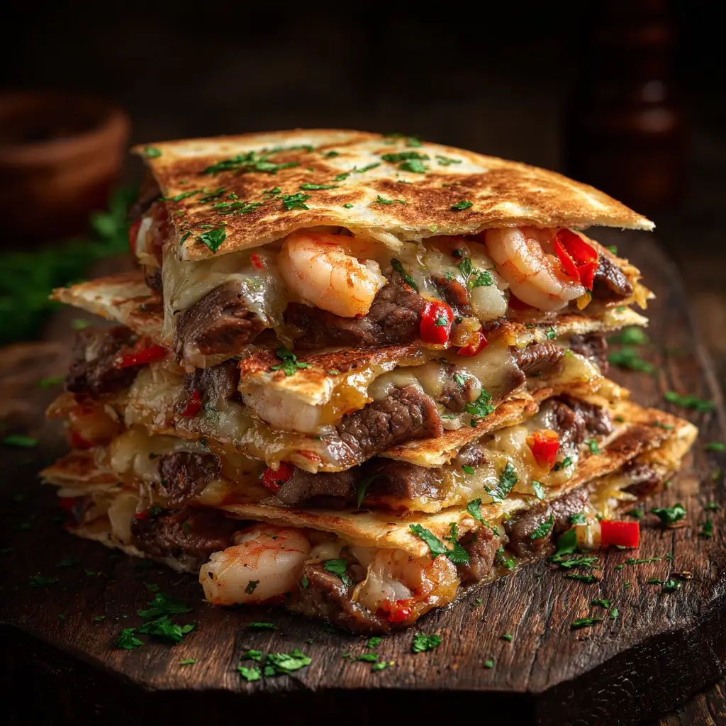 An overhead view of Creole Steak and Shrimp Quesadillas served with a side of dipping sauce and lime wedges. The Creole seasoning is visible on the filling.