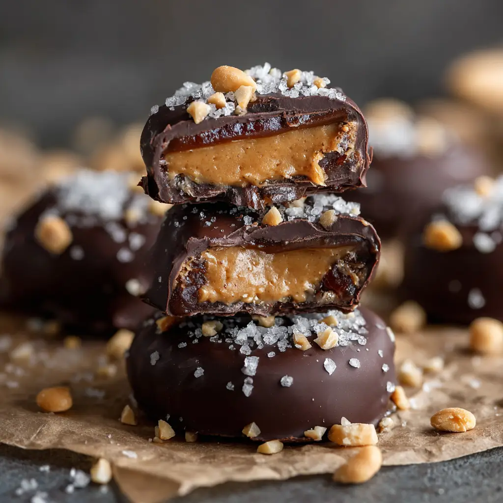 Date Snickers Recipe (The Viral Healthy Treat) 2 A step-by-step process shot showing Medjool dates being stuffed with peanut butter and peanuts before being coated in chocolate for the viral date snickers recipe.