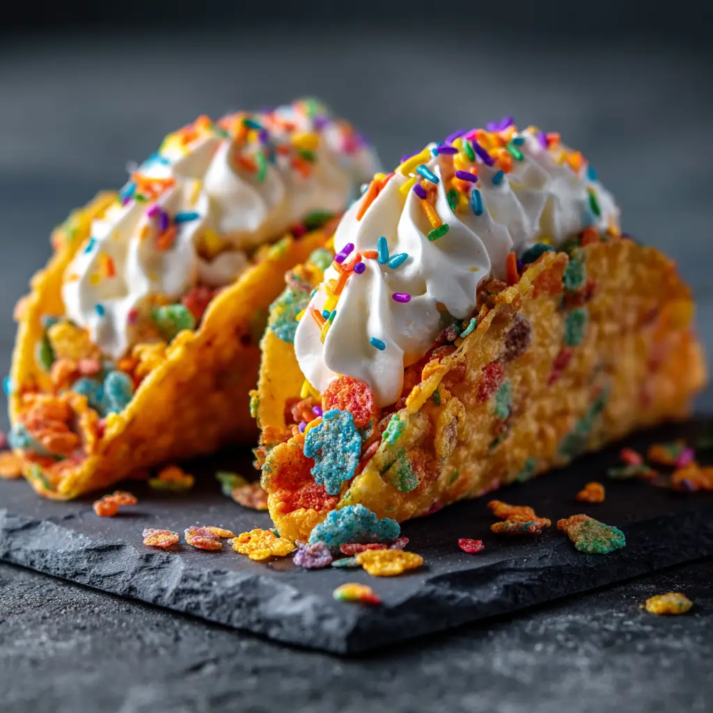 A close-up view of the creamy no-bake cheesecake filling being piped into a Fruity Pebbles-coated taco shell, showing the texture and process.