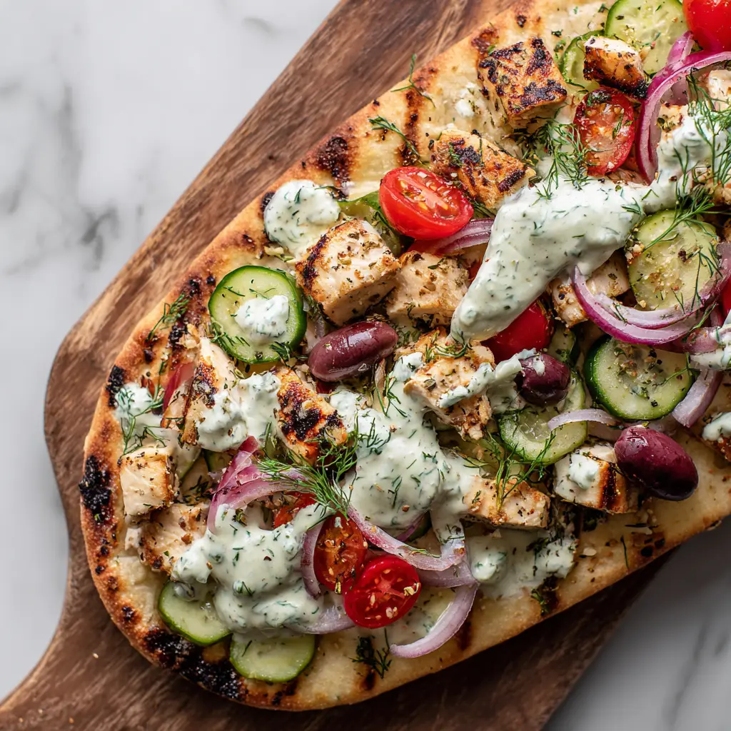 Greek Chicken Flatbread (Quick & Easy Recipe) 2 A full view of the assembled Greek chicken flatbread before being baked, showing the layers of chicken, cheese, and vegetables.