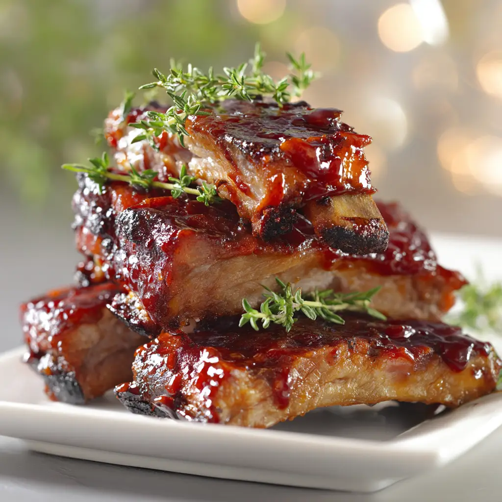 A batch of oven-baked country style ribs in a baking dish, freshly sauced and ready for the broiler.
