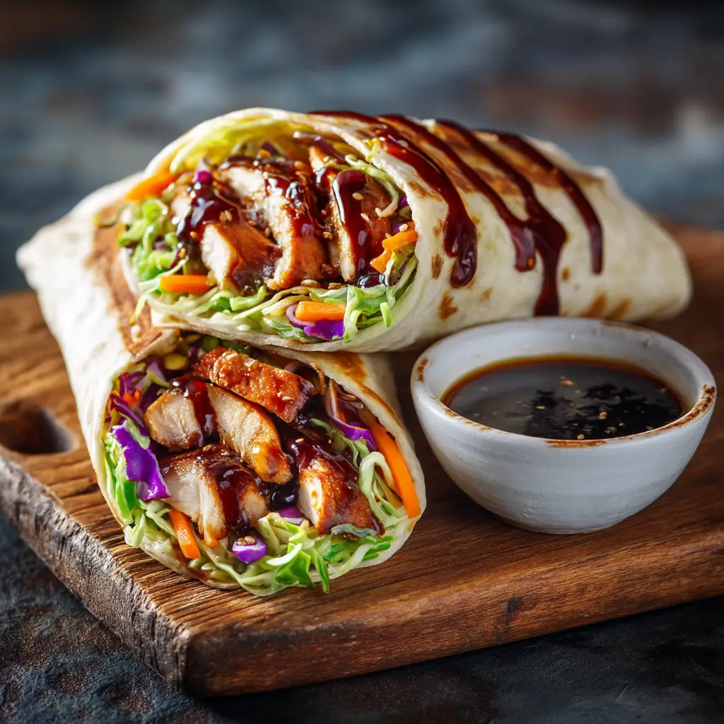 The process of assembling a chicken tortilla wrap with glazed teriyaki chicken and fresh vegetables.