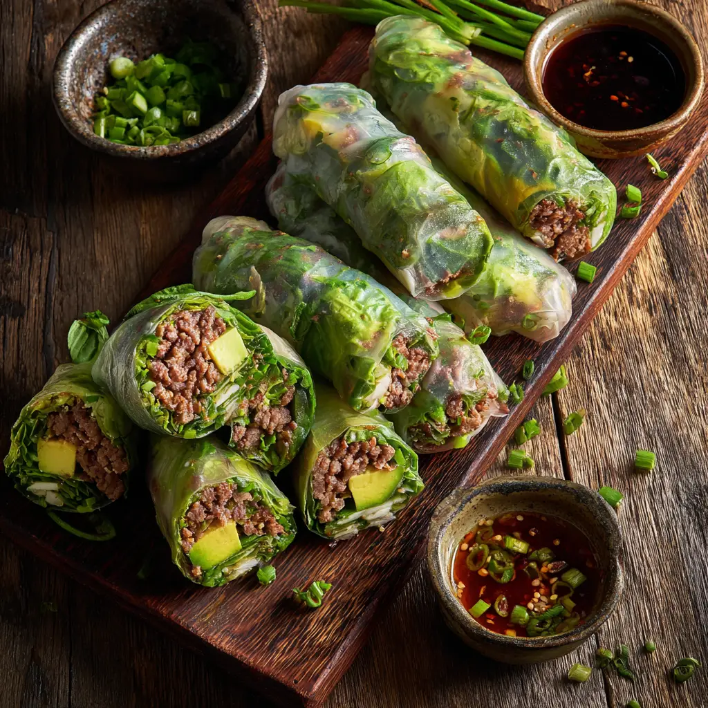 Thai Basil Beef Rolls: A Fresh & Flavorful Meal 3 An overhead close-up shot of Thai Basil Beef Rolls being assembled on a wooden board, with fresh ingredients like Thai basil and carrots scattered around.