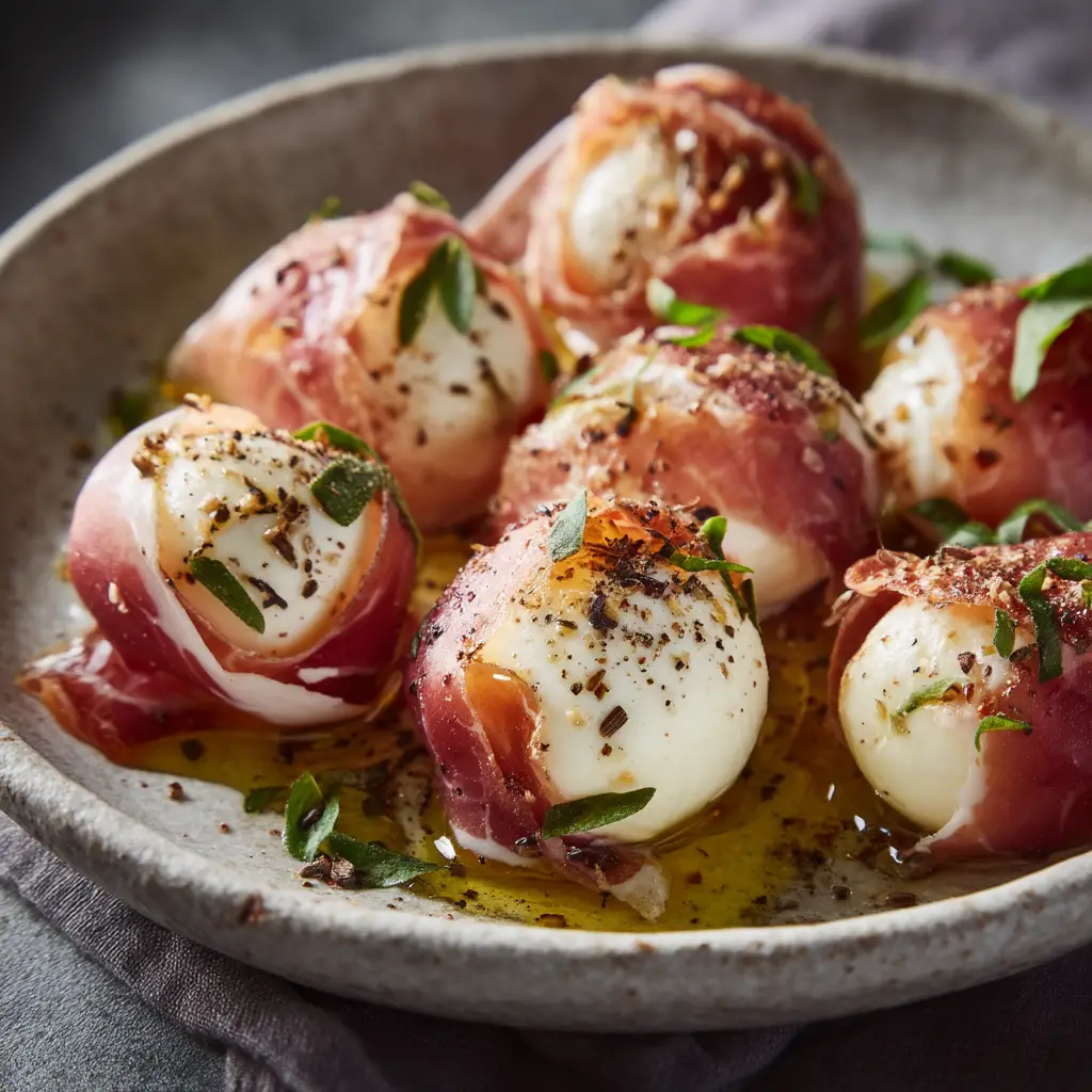 Prosciutto Wrapped Mozzarella: The Ultimate 3-Ingredient Appetizer 2 The process of assembling prosciutto wrapped mozzarella, showing a mozzarella ball and basil leaf being wrapped in a thin slice of prosciutto before baking.