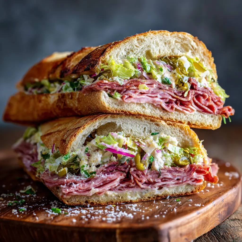 The famous creamy grinder salad being piled high on top of the toasted Italian grinder sandwich.
