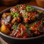 A close-up shot of a single serving of Jamaican chicken stew, showing the tender texture of the chicken and the glossy, rich gravy.