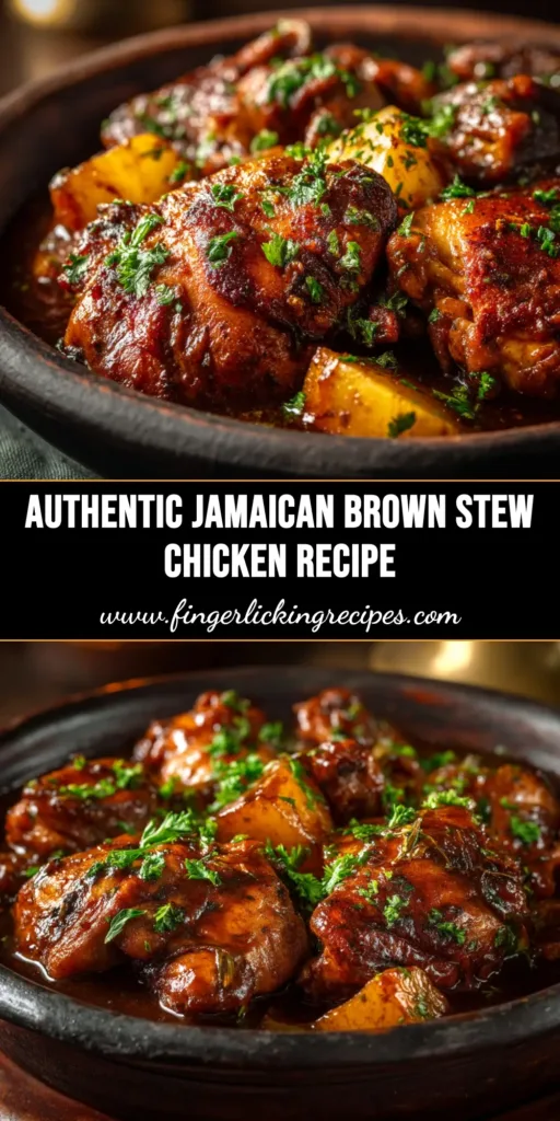 An overhead shot of authentic Jamaican Brown Stew Chicken in a rustic bowl, served with rice and peas. The chicken is coated in a rich, dark gravy with visible pieces of carrot and peppers.
