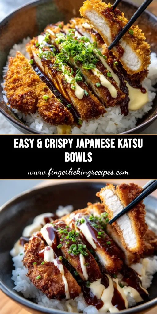 Japanese Katsu Bowl: The Ultimate Crispy Recipe 4 A delicious homemade Japanese Katsu Bowl with a crispy pork cutlet, soft egg, and savory sauce served over a bed of white rice, garnished with green onions.