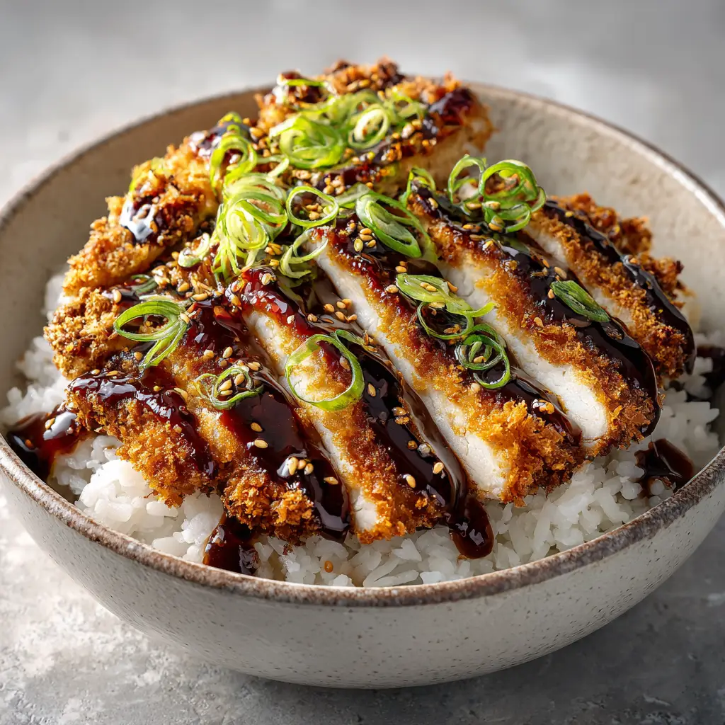Japanese Katsu Bowl Recipe (The Crispiest!) 2 A fully assembled Japanese Katsu Bowl with steamed rice, sliced pork, and garnished with sesame seeds.