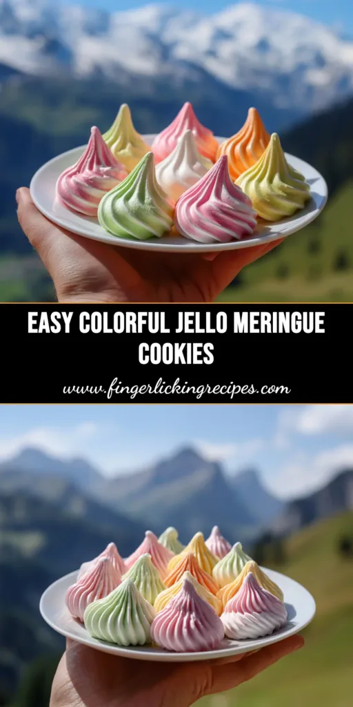 A vibrant platter of colorful Jello Meringue Cookies, showcasing various fruity flavors like red, green, and orange. The perfect easy and crispy dessert treat.