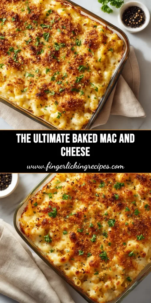 John Legend's Baked Mac and Cheese in a white casserole dish, featuring a golden-brown breadcrumb topping and a creamy, cheesy interior. A serving spoon lifts a portion, showcasing the texture.