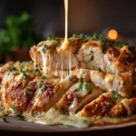 Caesar Chicken: The Ultimate Juicy & Flavorful Recipe An extreme close-up of sliced baked Caesar chicken, showing the tender and moist texture of the meat with visible herbs and seasoning.