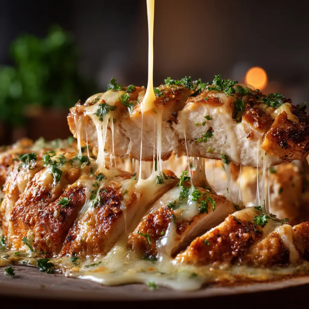 An extreme close-up of sliced baked Caesar chicken, showing the tender and moist texture of the meat with visible herbs and seasoning.