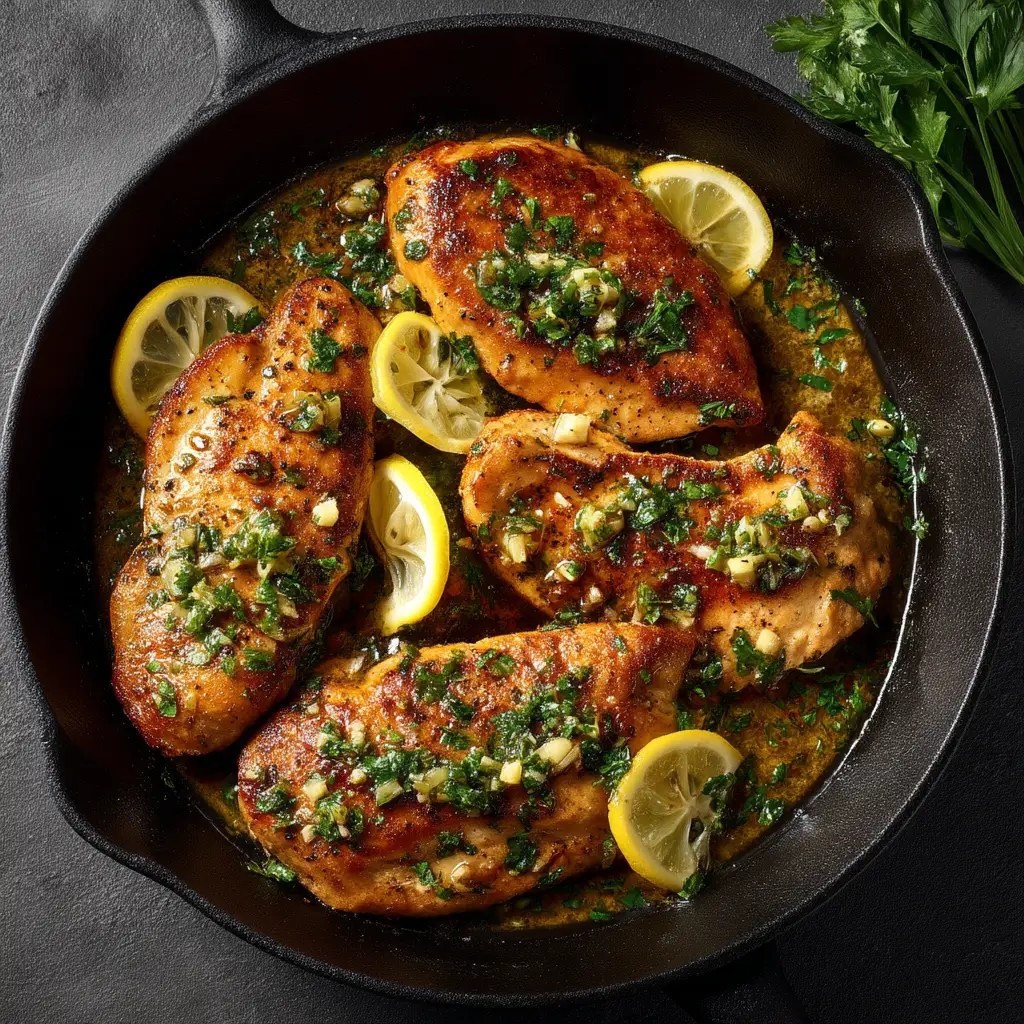 Lemon Garlic Chicken (The Easiest One-Pan Recipe) 3 A close-up overhead shot of a perfectly seared, juicy lemon garlic chicken breast in a rustic cast iron skillet, highlighting the texture.