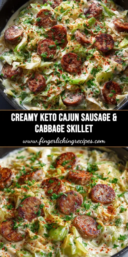 A top-down view of a skillet filled with creamy Keto Cajun Sausage Cabbage Alfredo, garnished with fresh parsley.