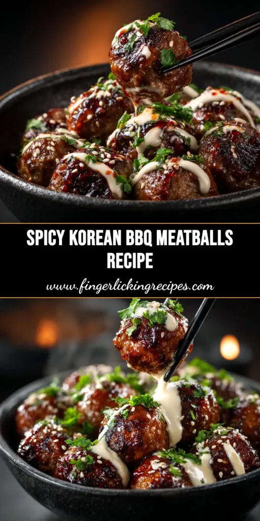 A shareable pin image of Korean BBQ Meatballs in a white bowl, garnished with sesame seeds and green onions, with a text overlay.