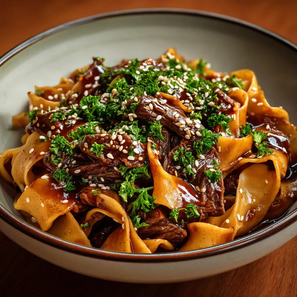 A bowl of Korean glass noodles with beef, garnished with fresh green onions and sesame seeds.