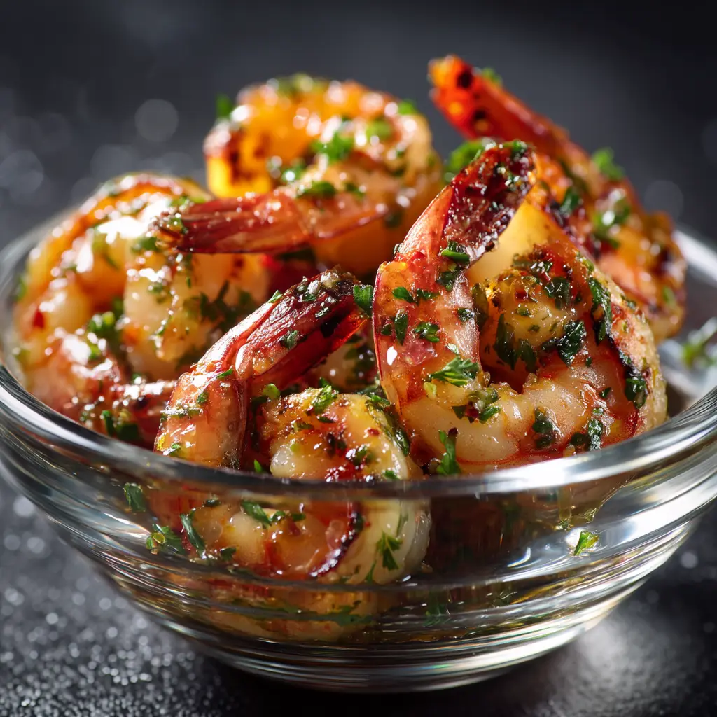 Another angle of the finished butter garlic shrimp, ready to be served. The shrimp are glistening in the savory sauce.