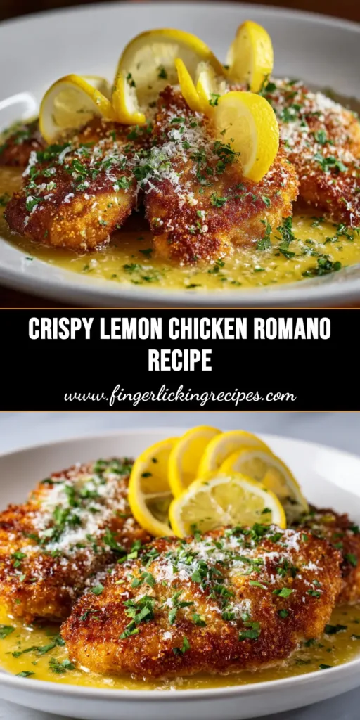 A delicious plate of Lemon Chicken Romano with a golden, crispy cheese crust, drizzled with a bright lemon butter sauce and garnished with fresh parsley.