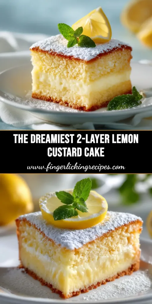 A beautiful overhead shot of the full Lemon Custard Cake in a baking dish, dusted with powdered sugar and garnished with lemon slices.