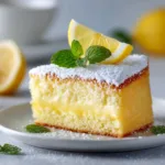A perfect slice of lemon pudding cake on a white plate, clearly showing the three distinct layers: the cake top, custard middle, and firm base.