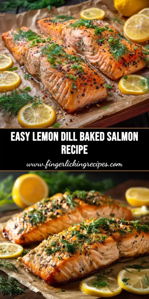 A bright and vibrant overhead shot of Lemon Dill Baked Salmon on a platter, ready to be shared. The salmon is topped with fresh dill and lemon slices.