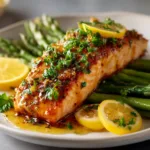 Baked Salmon in Foil (The Easiest, Most Flavorful Recipe!) A perfectly baked salmon fillet with a crispy crust, garnished with fresh herbs and a slice of lemon, showcasing a healthy salmon recipe.