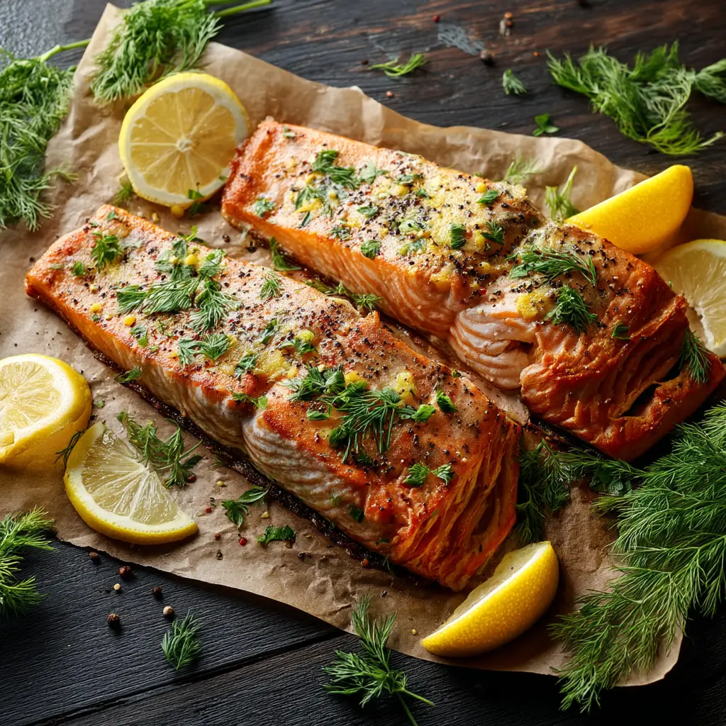 A beautiful presentation of oven-roasted salmon with lemon and dill on a dark plate, served with a side of asparagus.