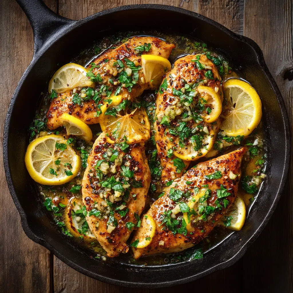 Lemon Garlic Chicken (The Easiest One-Pan Recipe) 2 Lemon garlic chicken simmering in a buttery, rich pan sauce with herbs, showcasing the delicious sauce made in the skillet.