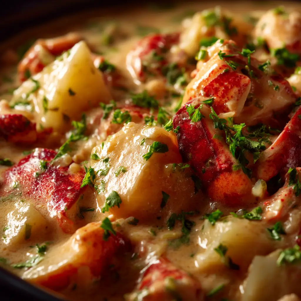The rich and savory lobster pot pie filling simmering in a dutch oven before being placed into ramekins. Chunks of lobster, peas, and carrots are visible.