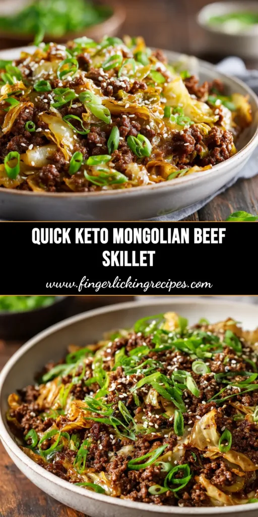A pin image for a Low-Carb Mongolian Ground Beef recipe, showing a delicious bowl of the finished dish with text overlay reading '20-Minute Keto Mongolian Beef'.