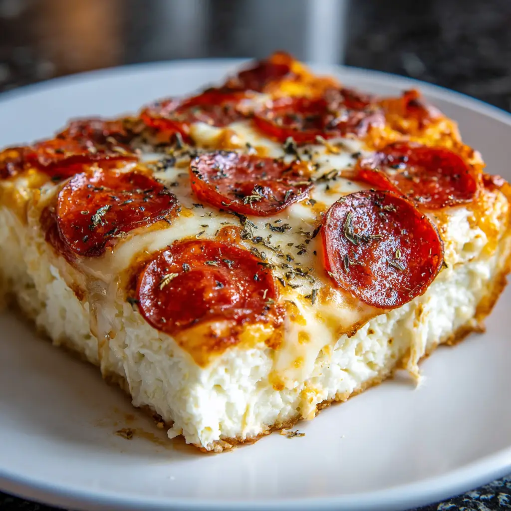 A serving of the low-carb pizza casserole being lifted from the baking dish with a spatula, showing off a perfect cheese pull.