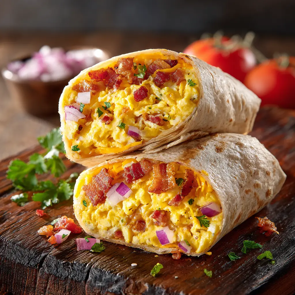 Breakfast Burrito Recipe (That's Perfect for Meal Prep) 2 A freezer-friendly breakfast burrito cut open to display the layers of egg, cheese, and seasoned potatoes before being wrapped for meal prep.