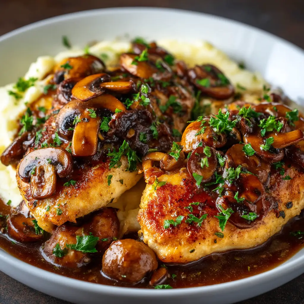 A process shot showing seared chicken cutlets being returned to the skillet with the Marsala wine and mushroom sauce.