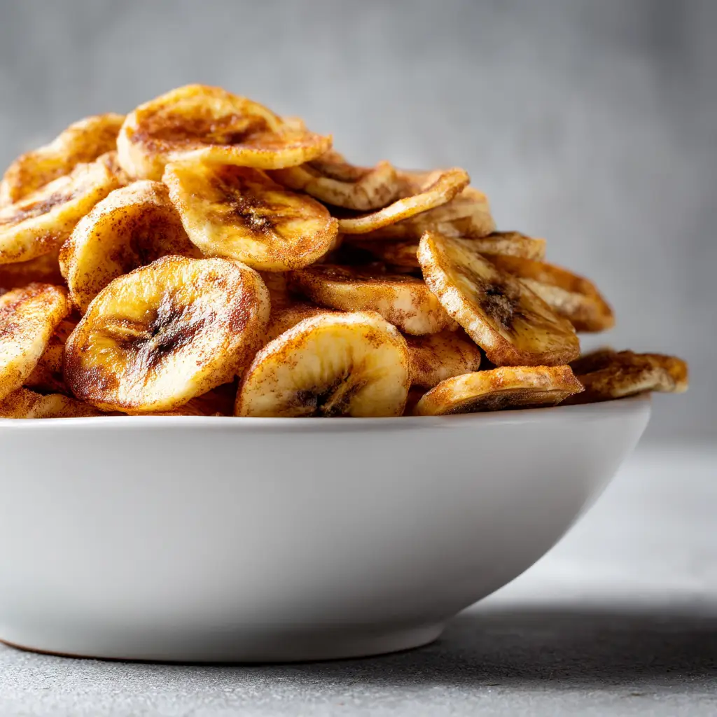 Banana slices coated in cinnamon arranged in a single layer inside an air fryer basket before being cooked.
