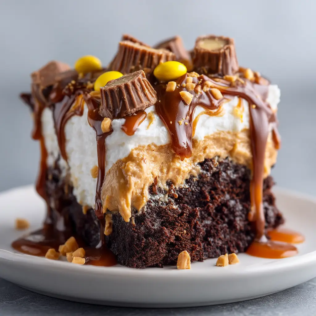 The process of pouring the peanut butter filling over the freshly baked and poked chocolate cake.